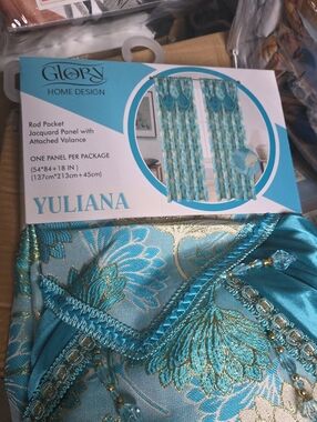 Yuliana Turquoise Jacquard Curtain Panel with Valance